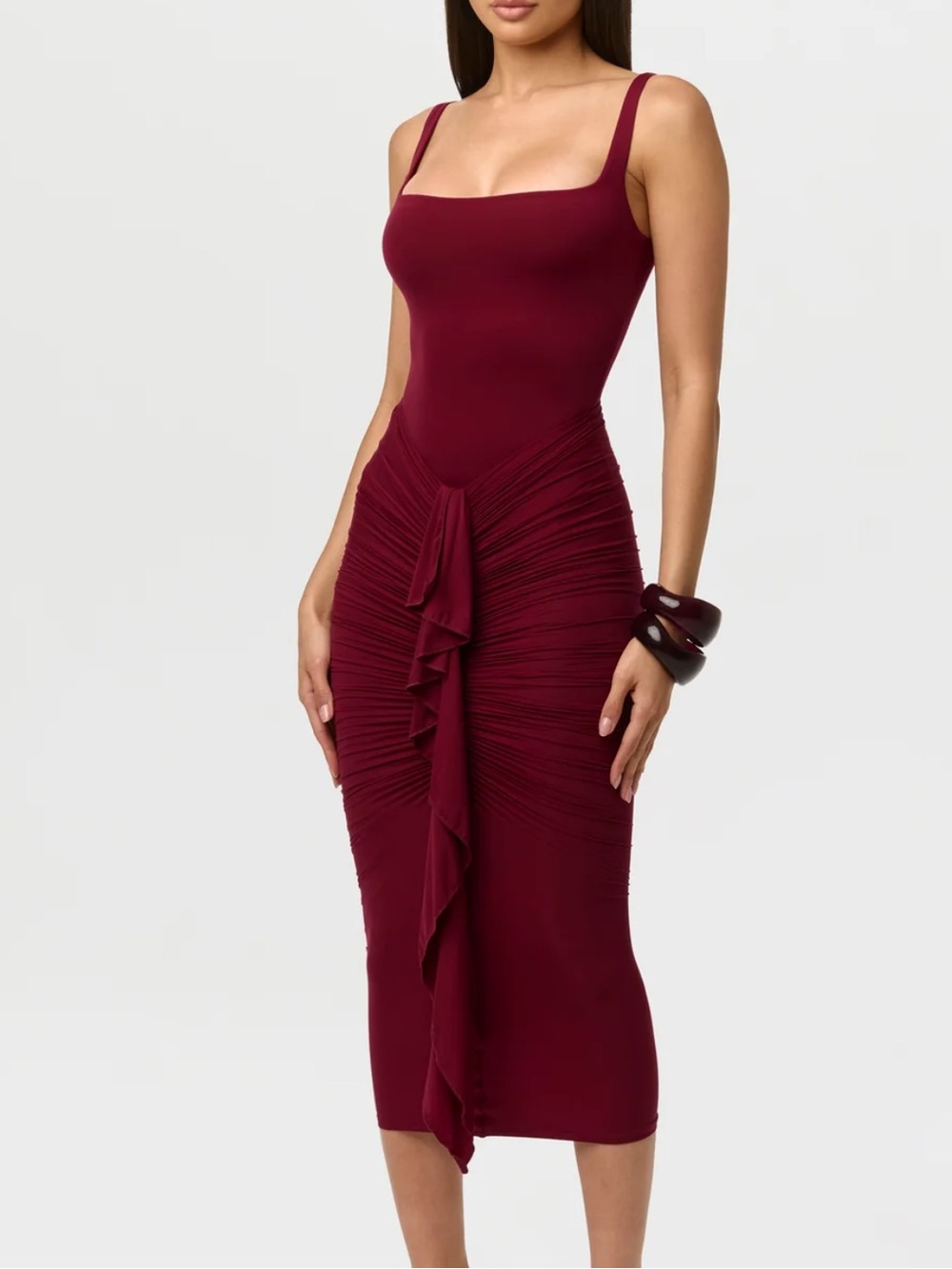 naked wardrobe Burgundy Ruched Midi Skirt and bodysuit with Front Ruffle